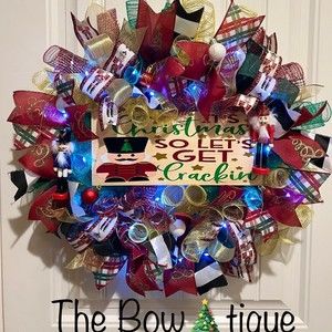 Christmas Nutcracker Holiday Ribbon Door Wreath Handmade 22 ins LED W3